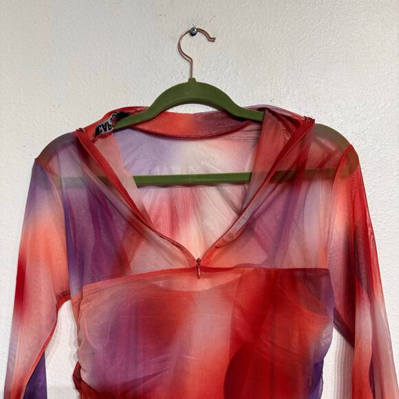 Capsulle Red Summer Heat Print Mesh Ruched Midi Bodycon Dress Sz M - Picture 10 of 14